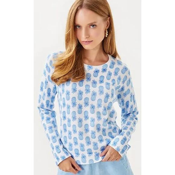 Lilly Pulitzer Tensley Sweater Sunwashed Blue Pineapple Slice of Sunshine Large - Picture 1 of 8
